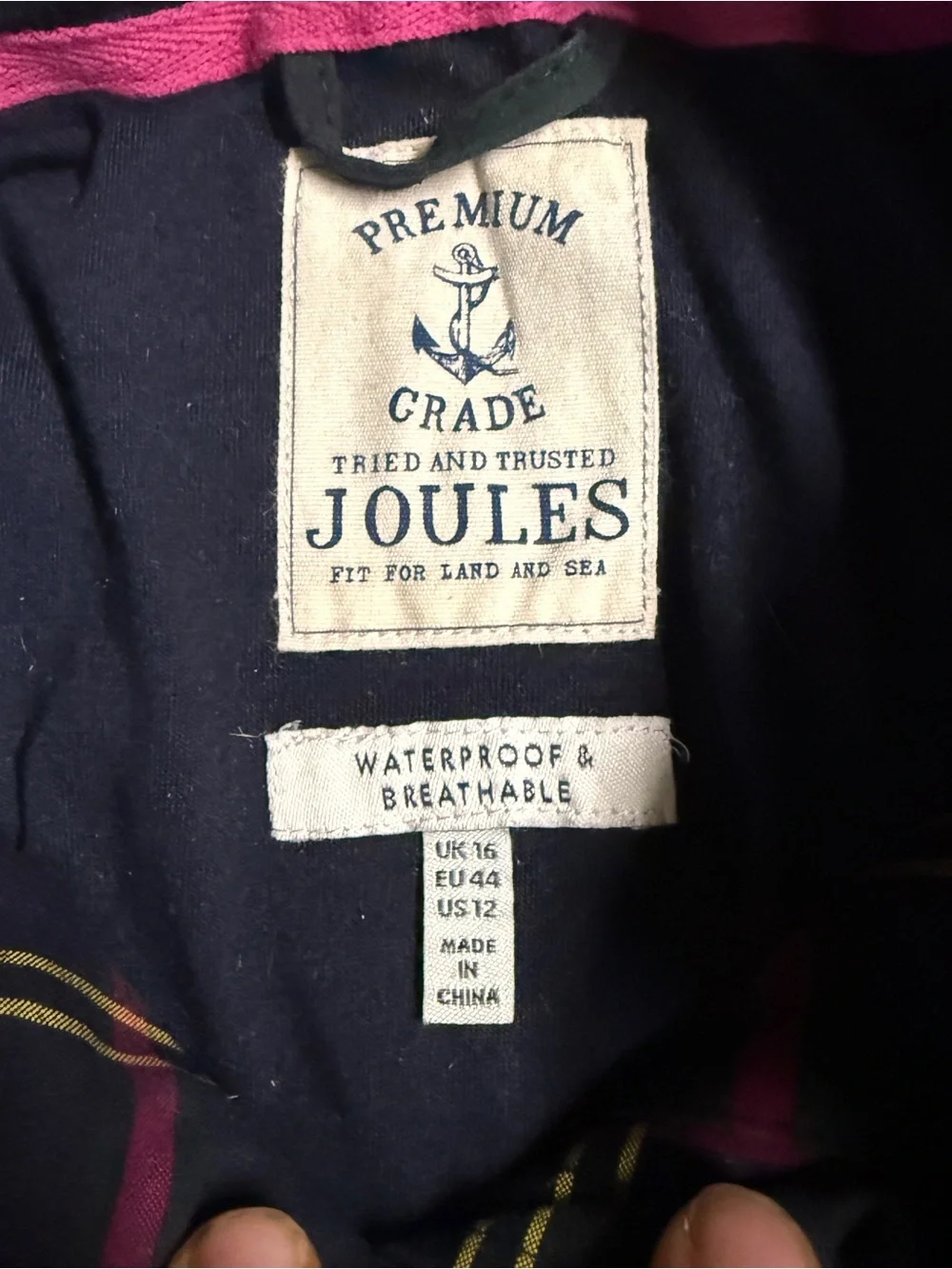 Women’s Size 12 Navy Plaid Joules Waterproof Rain Jacket. Good Condition.